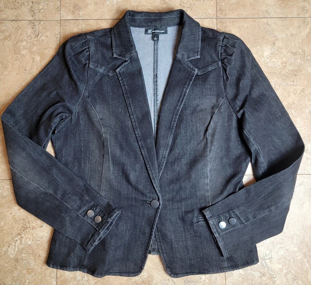 Women Size Large Black Denim Career Blazer Jacket Single Button Office Casual